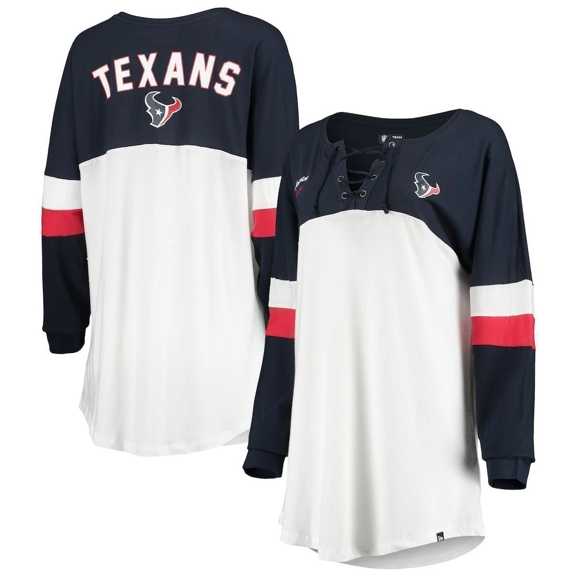 Hot Sale π Women's New Era White/Navy Houston Texans Athletic Varsity Lace-Up V-Neck Long Sleeve T-Shirt π