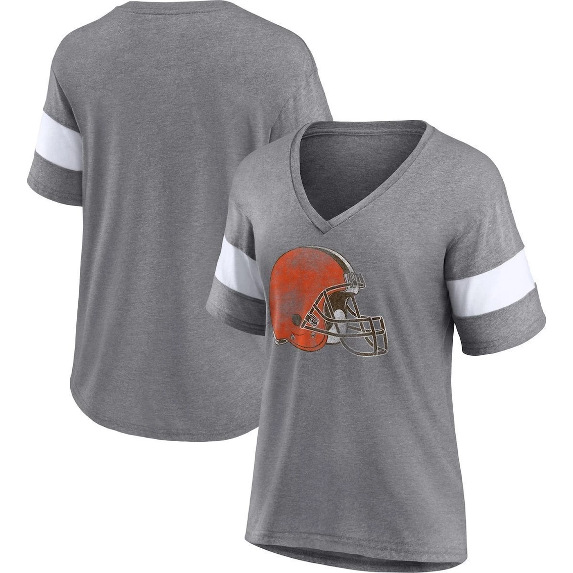 Top 10 π₯ Women's Fanatics Branded Heathered Gray/White Cleveland Browns Distressed Team Tri-Blend V-Neck T-Shirt π - Image 2
