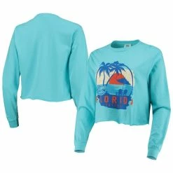 Coupon ⭐ Image One 👩 Women's Teal Florida Gators Palm Trees Sunset Long Sleeve Crop Top 👍