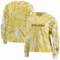 New 🎉 Women's WEAR By Erin Andrews Gold Boston Bruins Tie-Dye Long Sleeve T-Shirt 😉