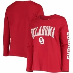 Flash Sale 👏 Profile 👩 Women's Crimson Oklahoma Sooners Plus Size Campus Arch Logo 2-Hit Scoop Neck Long Sleeve T-Shirt 🎁
