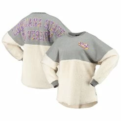 Best Pirce 🤩 Spirit Jersey 👩 Women's White/Heathered Gray LSU Tigers Mix Media Sherpa Long Sleeve T-Shirt 🎁
