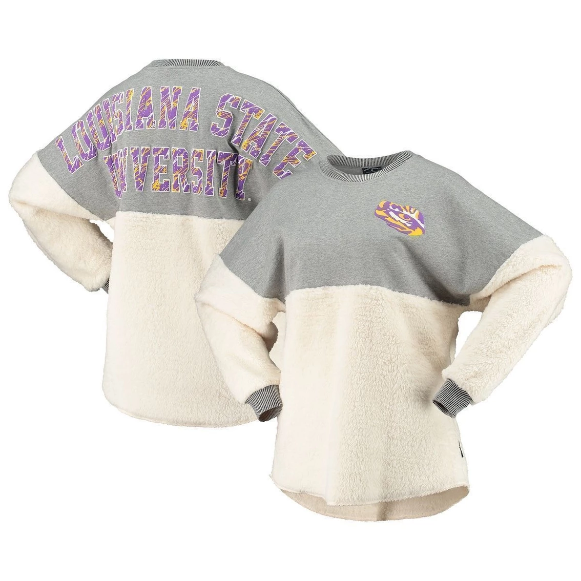 Best Pirce π€© Spirit Jersey π© Women's White/Heathered Gray LSU Tigers Mix Media Sherpa Long Sleeve T-Shirt π - Image 2