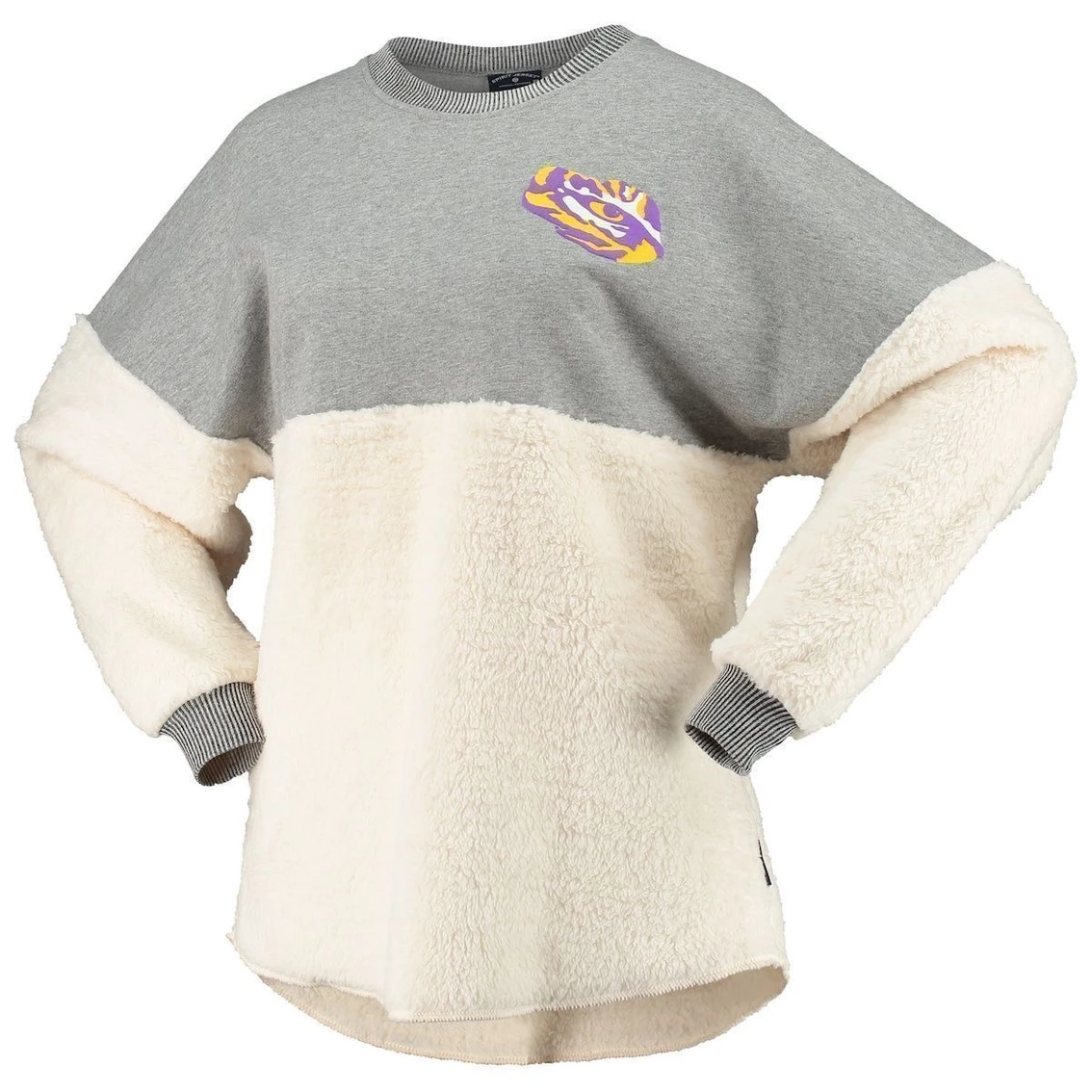 Best Pirce π€© Spirit Jersey π© Women's White/Heathered Gray LSU Tigers Mix Media Sherpa Long Sleeve T-Shirt π - Image 3