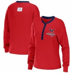 Brand new β€οΈ Women's WEAR By Erin Andrews Red Washington Capitals Waffle Henley Long Sleeve T-Shirt π€©