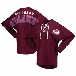 Best deal 🎁 Women's Fanatics Branded Burgundy Colorado Avalanche Spirit Lace-Up V-Neck Long Sleeve Jersey T-Shirt 👍