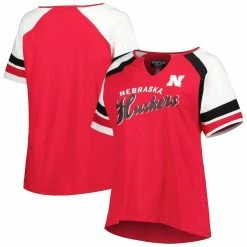 Coupon 🔥 Profile 👩 Women's Scarlet Nebraska Huskers Plus Size Arch Raglan Notch Neck T-Shirt 🧨