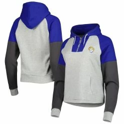 Wholesale 🛒 Women's Antigua Heathered Gray/Royal Los Angeles Rams Jackpot Raglan Half-Zip Pullover Hoodie 🤩