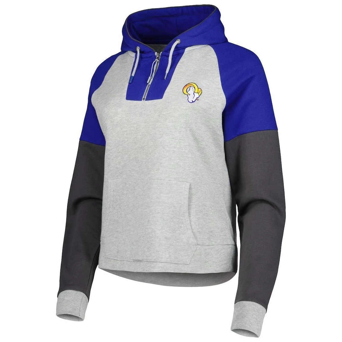Wholesale π Women's Antigua Heathered Gray/Royal Los Angeles Rams Jackpot Raglan Half-Zip Pullover Hoodie π€© - Image 3