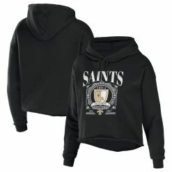 Deals 💯 Women's WEAR By Erin Andrews Black New Orleans Saints Cropped Sponge Fleece Pullover Hoodie ⭐