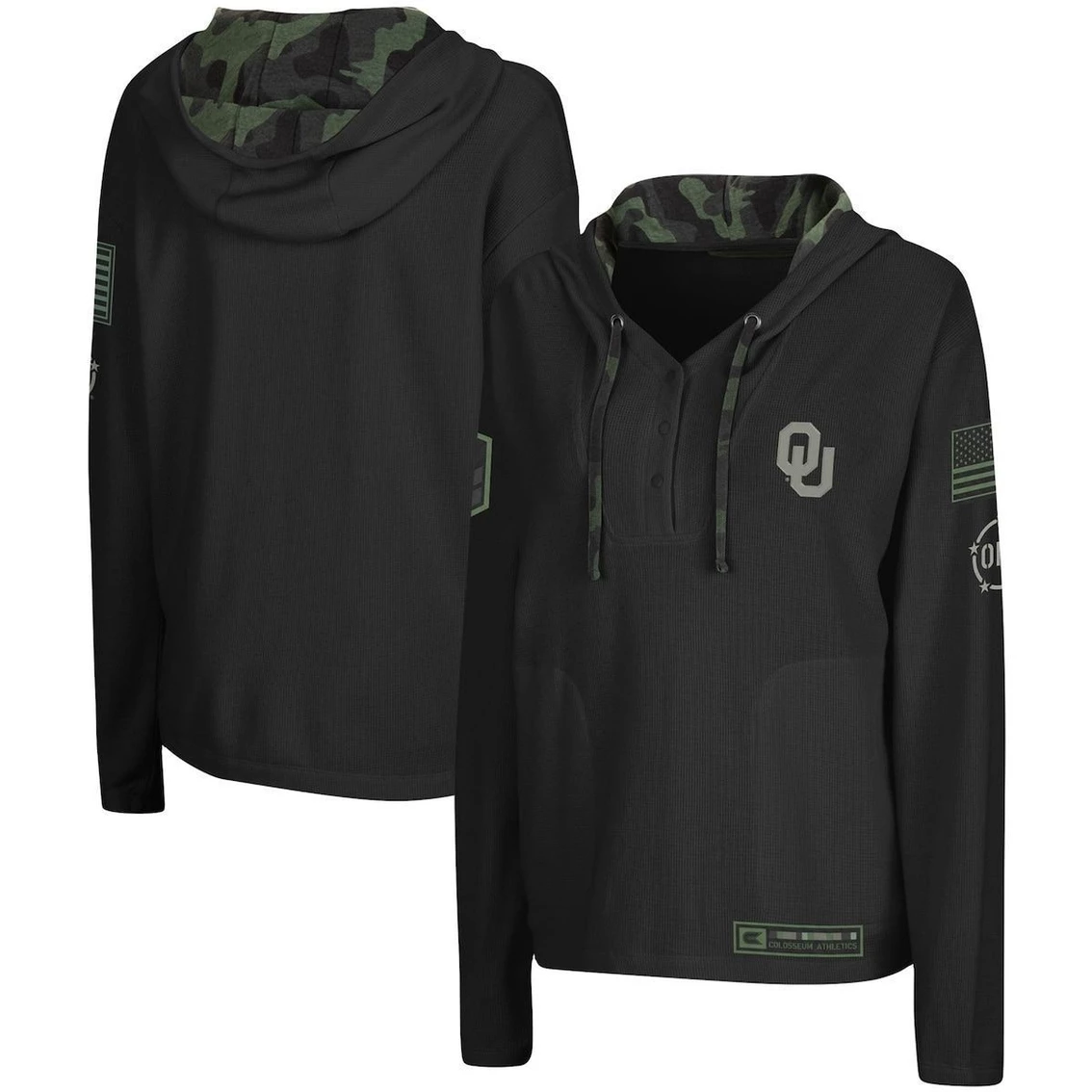 Cheapest π Women's Colosseum Black Oklahoma Sooners OHT Military Appreciation Thermal Henley V-Neck Pullover Hoodie π - Image 2