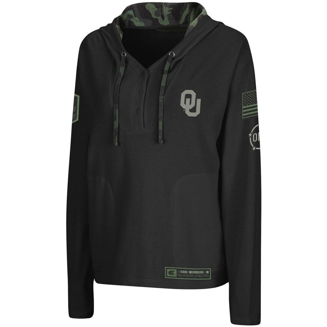 Cheapest π Women's Colosseum Black Oklahoma Sooners OHT Military Appreciation Thermal Henley V-Neck Pullover Hoodie π - Image 3