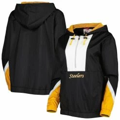 Flash Sale ⭐ Women's Mitchell & Ness Black Pittsburgh Steelers Half-Zip Windbreaker Hoodie ✔️