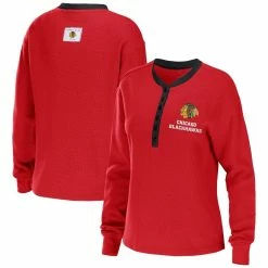 Top 10 π― Women's WEAR By Erin Andrews Red Chicago Blackhawks Waffle Henley Long Sleeve T-Shirt π