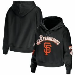 Hot Sale π Women's WEAR By Erin Andrews Black San Francisco Giants Modest Patches Cropped Pullover Hoodie β¨