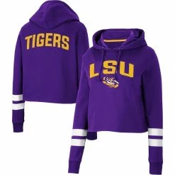 Buy ⭐ Women's Colosseum Purple LSU Tigers Throwback Stripe Cropped Pullover Hoodie ❤️
