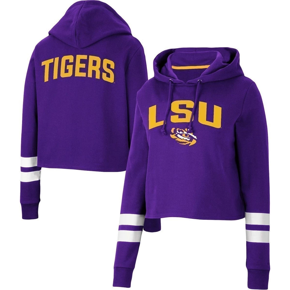 Buy β Women's Colosseum Purple LSU Tigers Throwback Stripe Cropped Pullover Hoodie β€οΈ - Image 2
