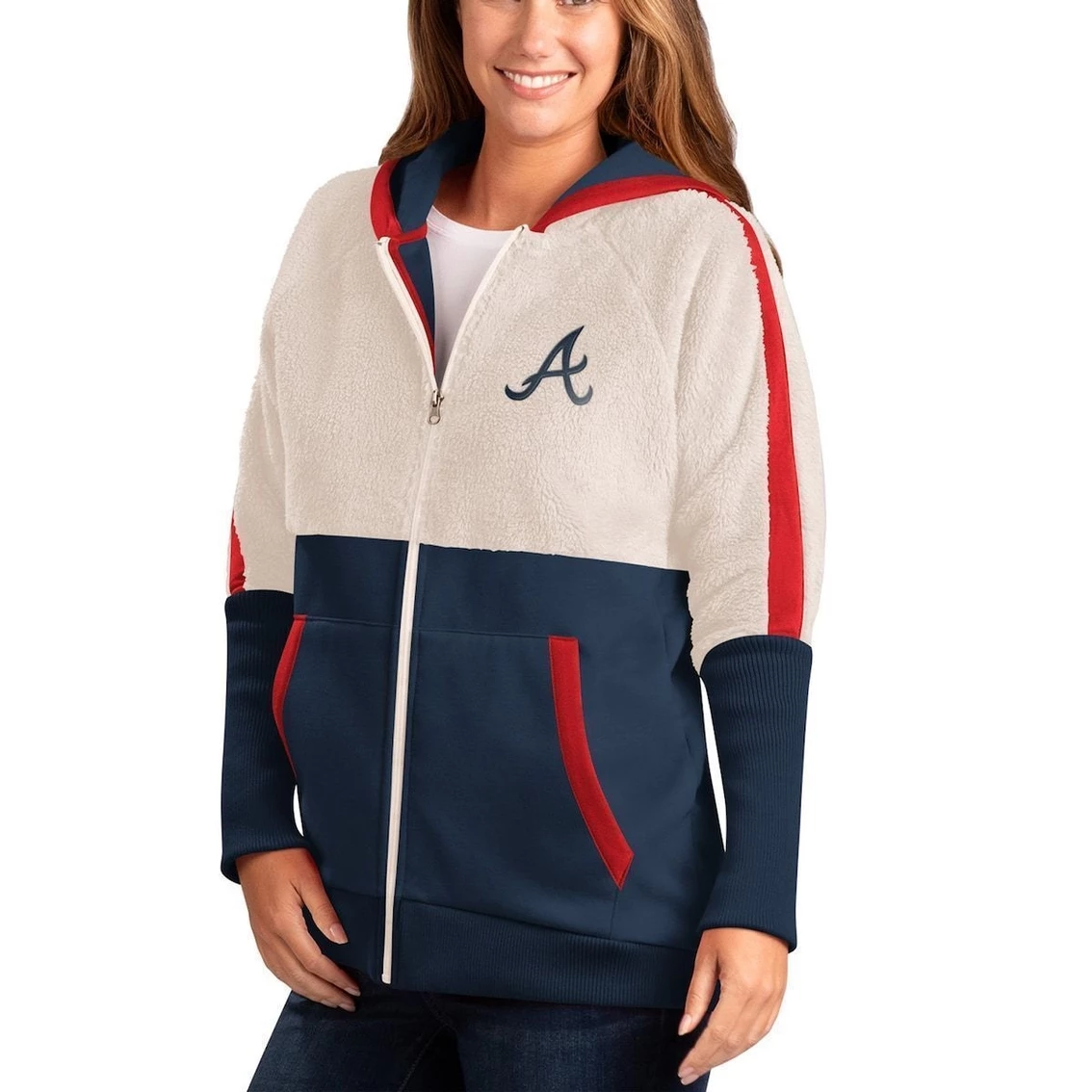Cheapest π― Women's G-III 4Her By Carl Banks Oatmeal/Navy Atlanta Braves Shuffle It Raglan Full-Zip Hoodie β€οΈ - Image 2