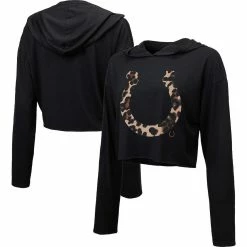 Flash Sale 😀 Women's Majestic Threads Black Indianapolis Colts Leopard Cropped Pullover Hoodie 😉