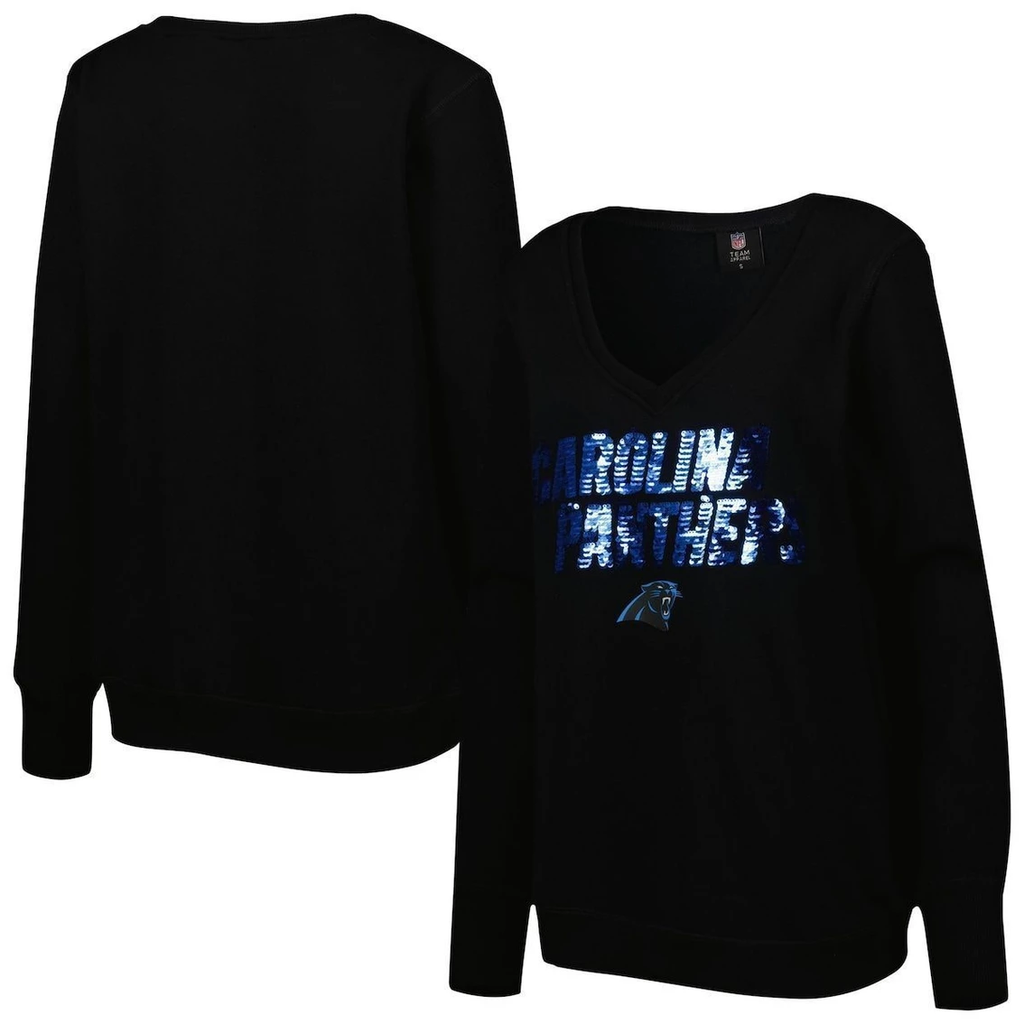 Brand new 𧨠Women's Cuce Black Carolina Panthers Sequin Logo V-Neck Pullover Sweatshirt π― - Image 2