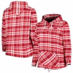 Cheapest 😉 Profile 👩 Women's Red/Black Wisconsin Badgers Plus Size Mainstay Plaid Henley Raglan Pullover Hoodie 🤩