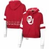Deals 😉 Women's Colosseum Crimson Oklahoma Sooners Throwback Stripe Arch Logo Cropped Pullover Hoodie 🧨