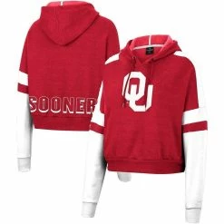 Deals π Women's Colosseum Crimson Oklahoma Sooners Throwback Stripe Arch Logo Cropped Pullover Hoodie π§¨