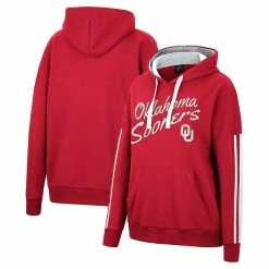 Best Sale 🎉 Women's Colosseum Crimson Oklahoma Sooners Serena Oversized Sleeve Striping V-Neck Pullover Hoodie ✨