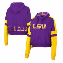 New ❤️ Women's Colosseum Purple LSU Tigers Throwback Stripe Arch Logo Cropped Pullover Hoodie 😉