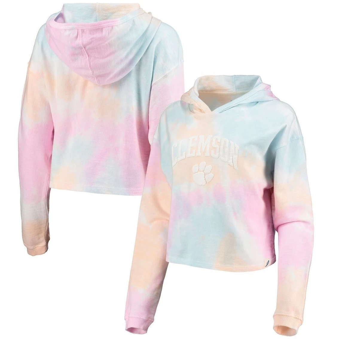 Promo π Women's League Collegiate Wear Pink/White Clemson Tigers Tie-Dye Cropped Pullover Hoodie π