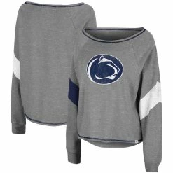 Flash Sale 🎁 Women's Colosseum Heathered Gray Penn State Nittany Lions Amped Chevron Stripe Raglan Boat Neck Pullover Sweatshirt 🔥