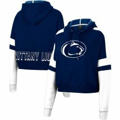 Best Pirce 😉 Women's Colosseum Heather Navy Penn State Nittany Lions Throwback Stripe Arch Logo Cropped Pullover Hoodie 🔥