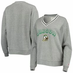 Wholesale 👏 Women's League Collegiate Wear Heathered Gray Oregon Ducks Victory Springs Tri-Blend V-Neck Pullover Sweatshirt 🔥