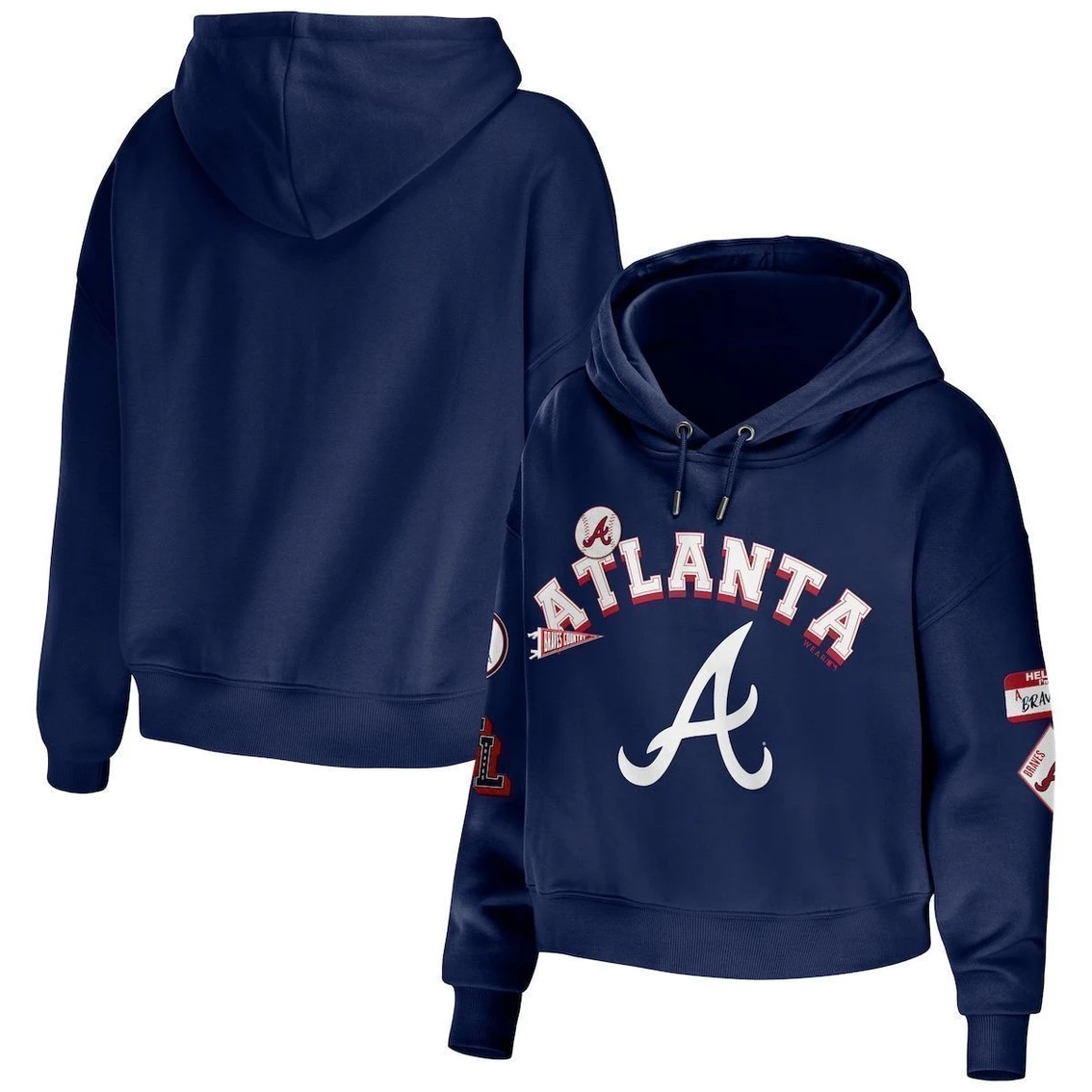 Budget β€οΈ Women's WEAR By Erin Andrews Navy Atlanta Braves Modest Patches Cropped Pullover Hoodie π