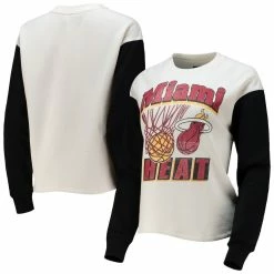 Wholesale π Women's Junk Food White/Black Miami Heat Contrast Sleeve Pullover Sweatshirt π―