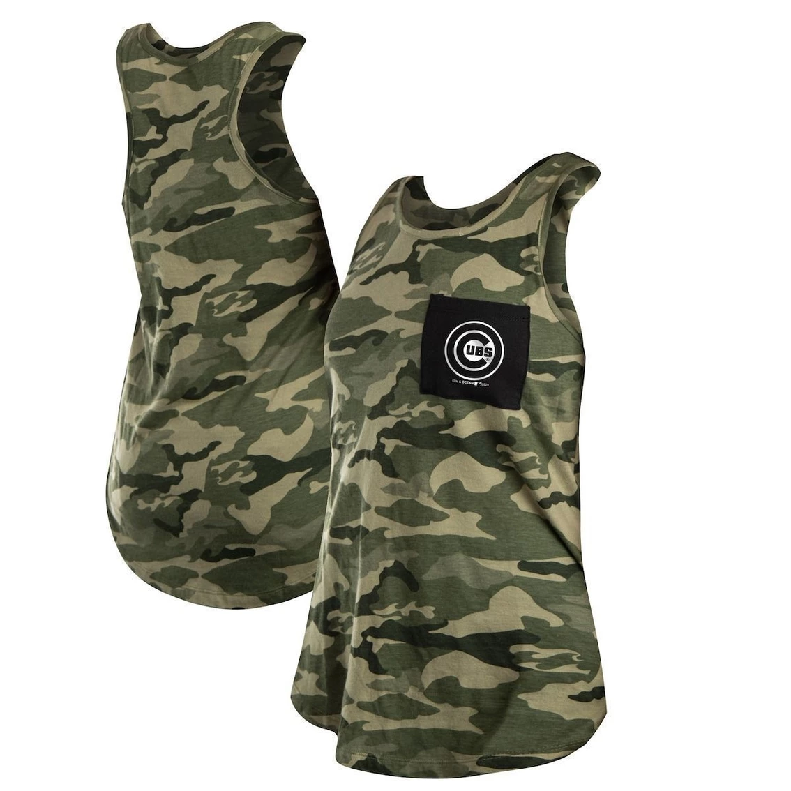 Flash Sale β Women's New Era Green/Black Chicago Cubs 2021 Armed Forces Day Brushed Camo Racer Back Tank Top 𧨠- Image 2