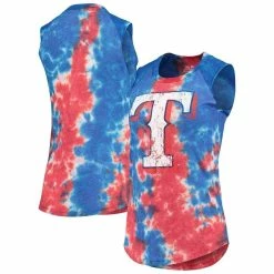 Best Pirce ⭐ Women's Majestic Threads Red/Blue Texas Rangers Tie-Dye Tri-Blend Muscle Tank Top 👍