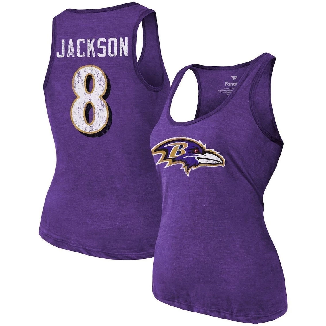 Buy β Majestic Threads π© Women's Fanatics Branded Heathered Purple Baltimore Ravens Name & Number Tri-Blend Tank Top π - Image 2