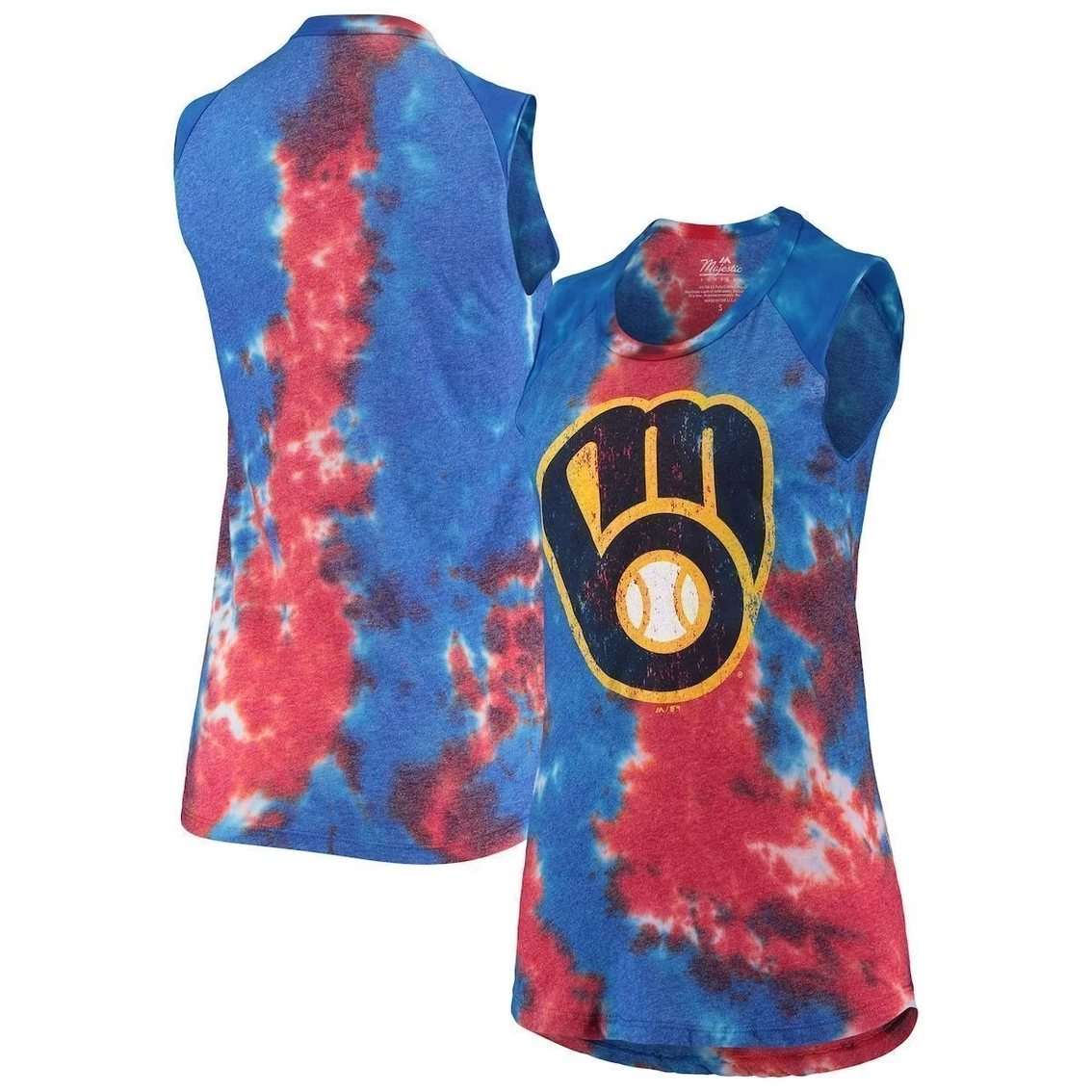 Best Sale π Women's Majestic Threads Red/Blue Milwaukee Brewers Tie-Dye Tri-Blend Muscle Tank Top π― - Image 2