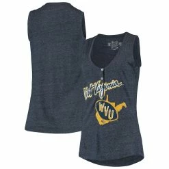 Best Sale π Women's Original Retro Brand Heathered Navy West Virginia Mountaineers Relaxed Henley V-Neck Tri-Blend Tank Top π₯
