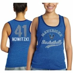 Flash Sale 🌟 Women's Majestic Threads Dirk Nowitzki Royal Dallas Mavericks Name & Number Tri-Blend Tank Top 💯