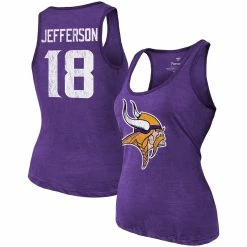 Wholesale 😉 Women's Majestic Threads Justin Jefferson Heathered Purple Minnesota Vikings Name & Number Tri-Blend Tank Top 😀