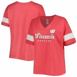 Top 10 ✨ Profile 👩 Women's Heather Red Wisconsin Badgers Plus Size Give It All V-Neck T-Shirt 🔔