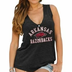 Hot Sale 🔔 Women's Original Retro Brand Black Arkansas Razorbacks Relaxed Henley V-Neck Tri-Blend Tank Top 👍