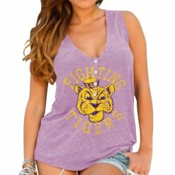 Best Sale π Women's LSU Tigers Original Retro Brand Purple Relaxed Henley Tank Top βοΈ