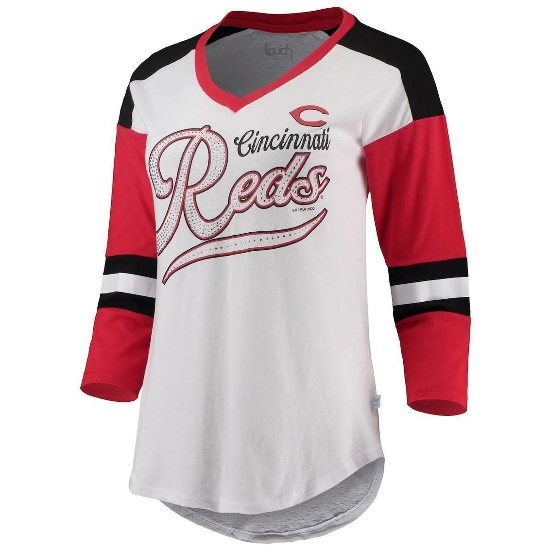 Cheap π Women's Touch White/Red Cincinnati Reds Base Runner 3/4-Sleeve V-Neck T-Shirt π₯° - Image 3