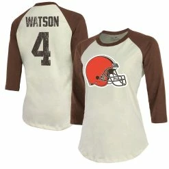 New 👍 Women's Majestic Threads Deshaun Watson Cream/Brown Cleveland Browns Name & Number Raglan 3/4 Sleeve T-Shirt 😀