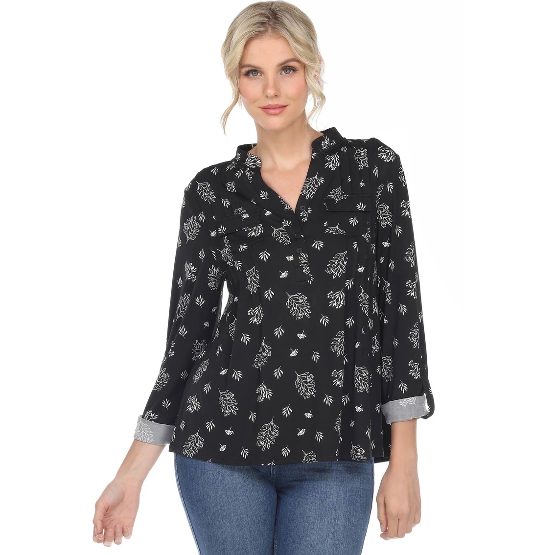 Outlet π White Mark Pleated Leaf Print Blouse Tunic Top βοΈ - Image 3