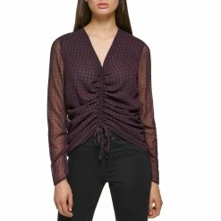 Coupon 💯 Calvin Klein Ruched Front Chiffon Plaid Blouse 🥰