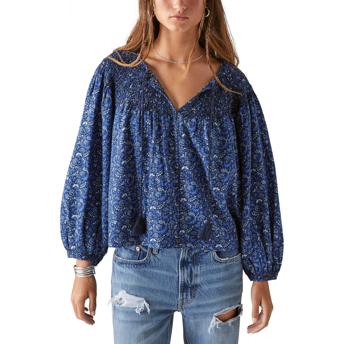 Budget π₯° Lucky Brand Printed Smocked Peasant Blouse π₯